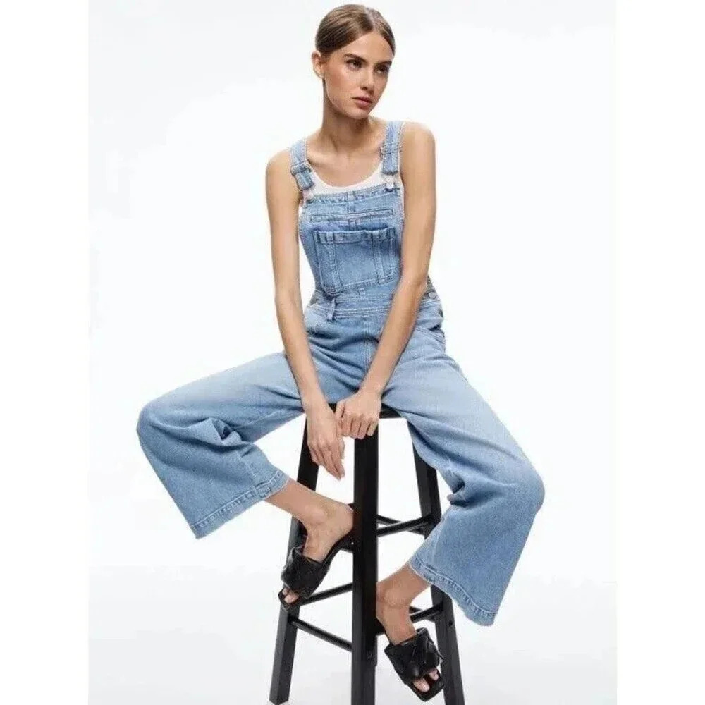 Alice and Olivia Wesson Straight Leg Dungaree Overall Jean Jumpsuit Denim Size L